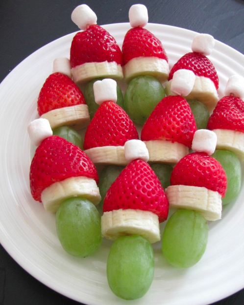 grapes, bananas, strawberries, and marshmallows on skewers