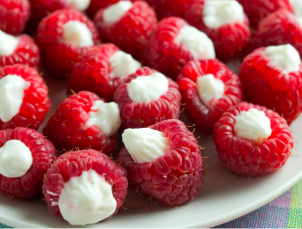 raspberries filled with vanilla frozen yogurt